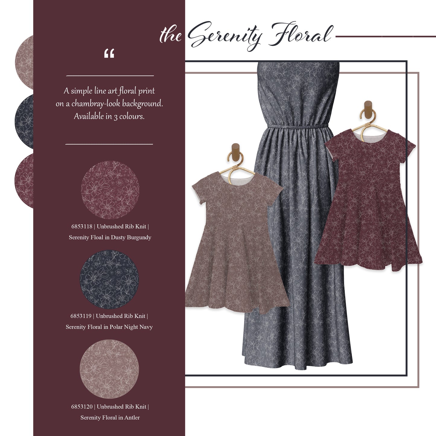 Serenity Floral in Polar Night Navy | Unbrushed Rib Knit Fabric | SOLD BY THE FULL BOLT