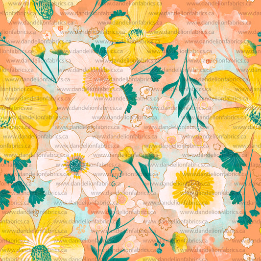 Summer Floral in Peach & Yellow | Eureka Jersey Knit Fabric