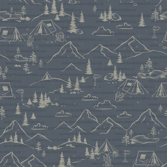Camping Print in Navy | Brushed Waffle Knit Fabric