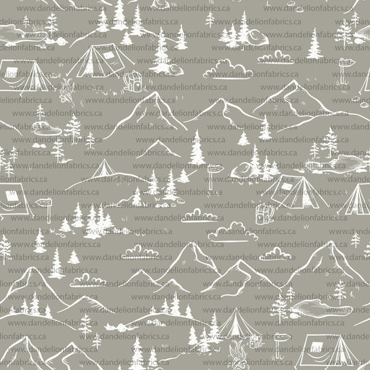 Camping Print in Stone | Brushed Waffle Knit Fabric