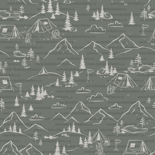 Camping Print in Olive | Brushed Waffle Knit Fabric