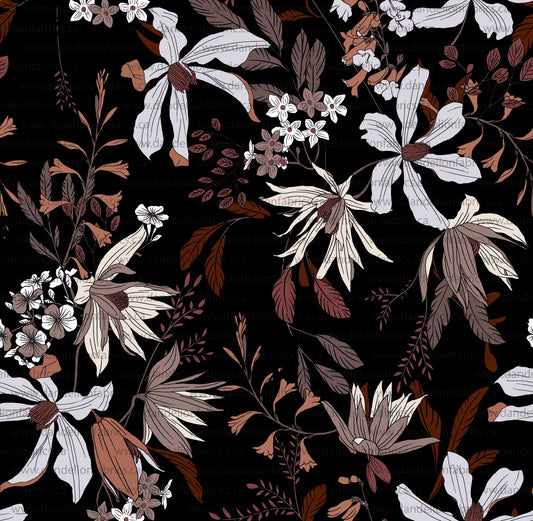 Autumn Blooms in Black | Mini Rib Knit Fabric