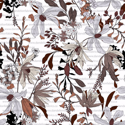 Autumn Blooms in White | Mini Rib Knit Fabric