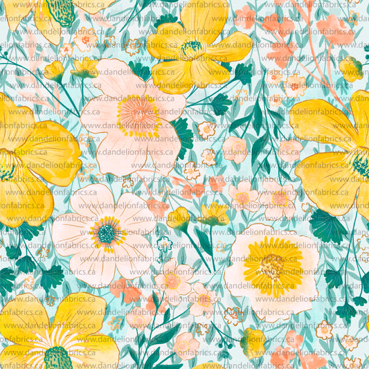 Summer Floral in Mint & Yellow | Eureka Jersey Knit Fabric