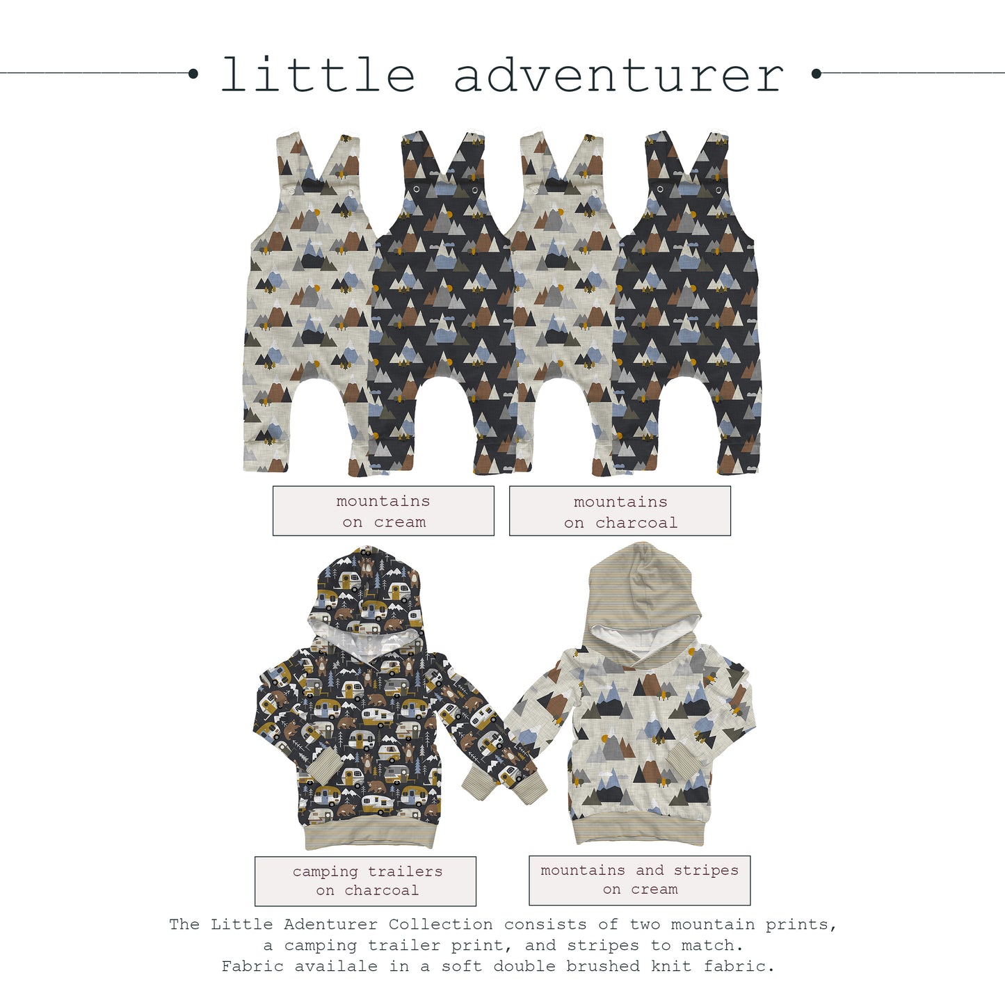 Little Adventurer Mountains on Charcoal | Double Brushed Knit Fabric | SOLD BY THE FULL BOLT