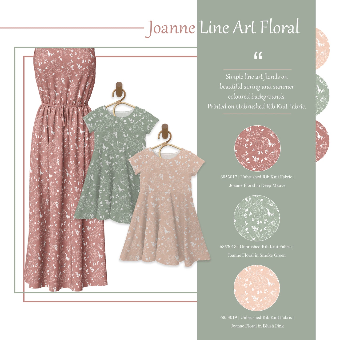 Joanne Line Art Floral in Smoke Green | Mini Rib Knit Fabric | SOLD BY THE FULL BOLT