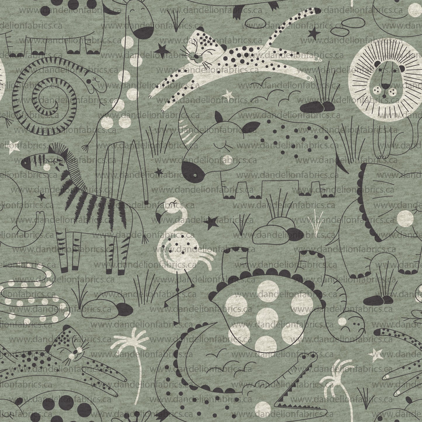 $4.00/YD | Safari Animals in Sage Green | Brushed Mini Rib Knit Fabric | SOLD BY THE FULL BOLT