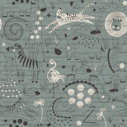 $3.00 - $4.00/YD | Safari Animals in Seaglass Blue | Brushed Mini Rib Knit Fabric | SOLD BY THE FULL BOLT